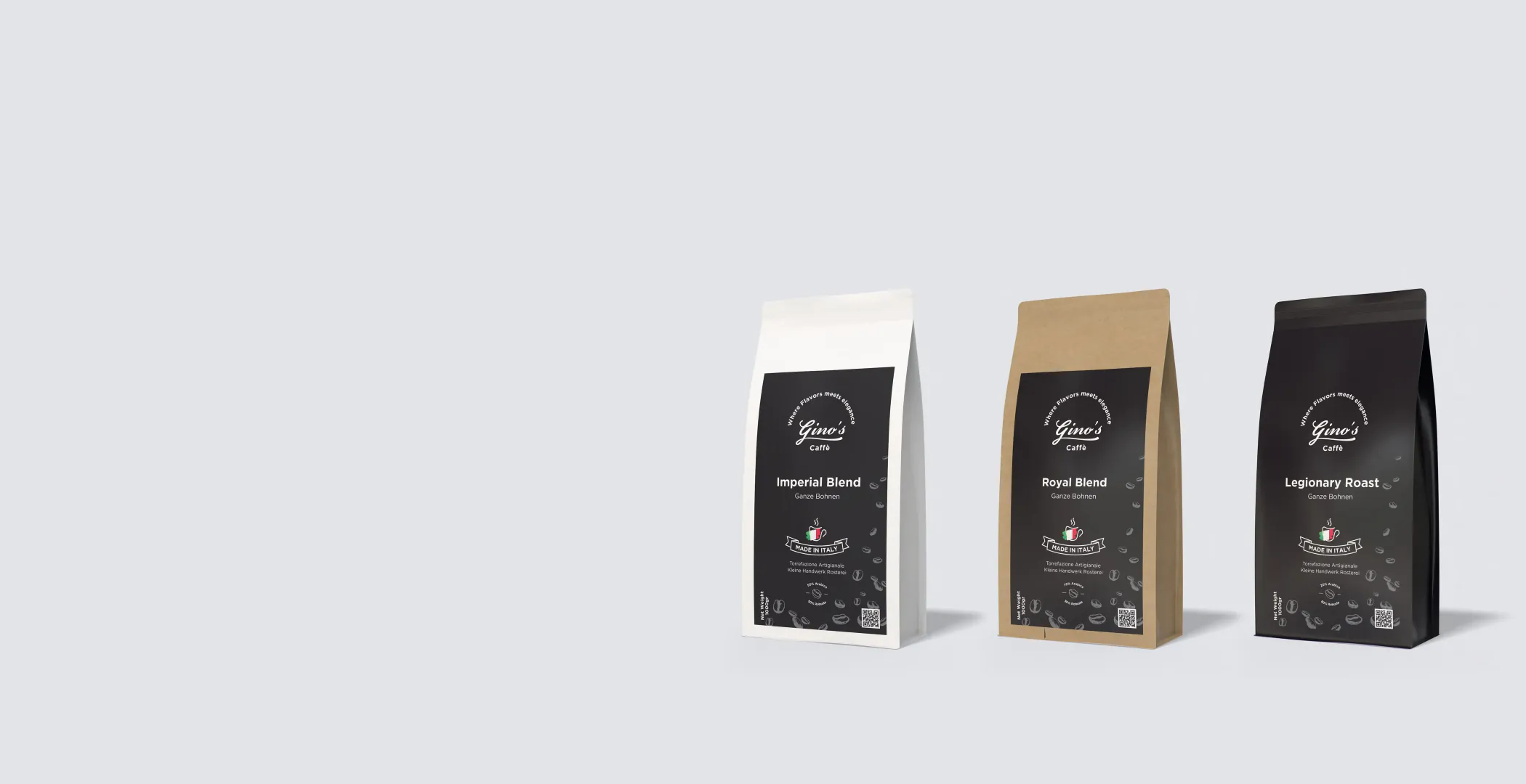 Die drei Kaffeesorten von Gino's Caffè: Imperial Blend, Royal Blend und Legionary Roast